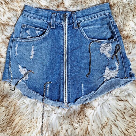 Carmar LF zip up denim cutoff rhinestone mini skirt distressed sexy frayed jean - Picture 1 of 6